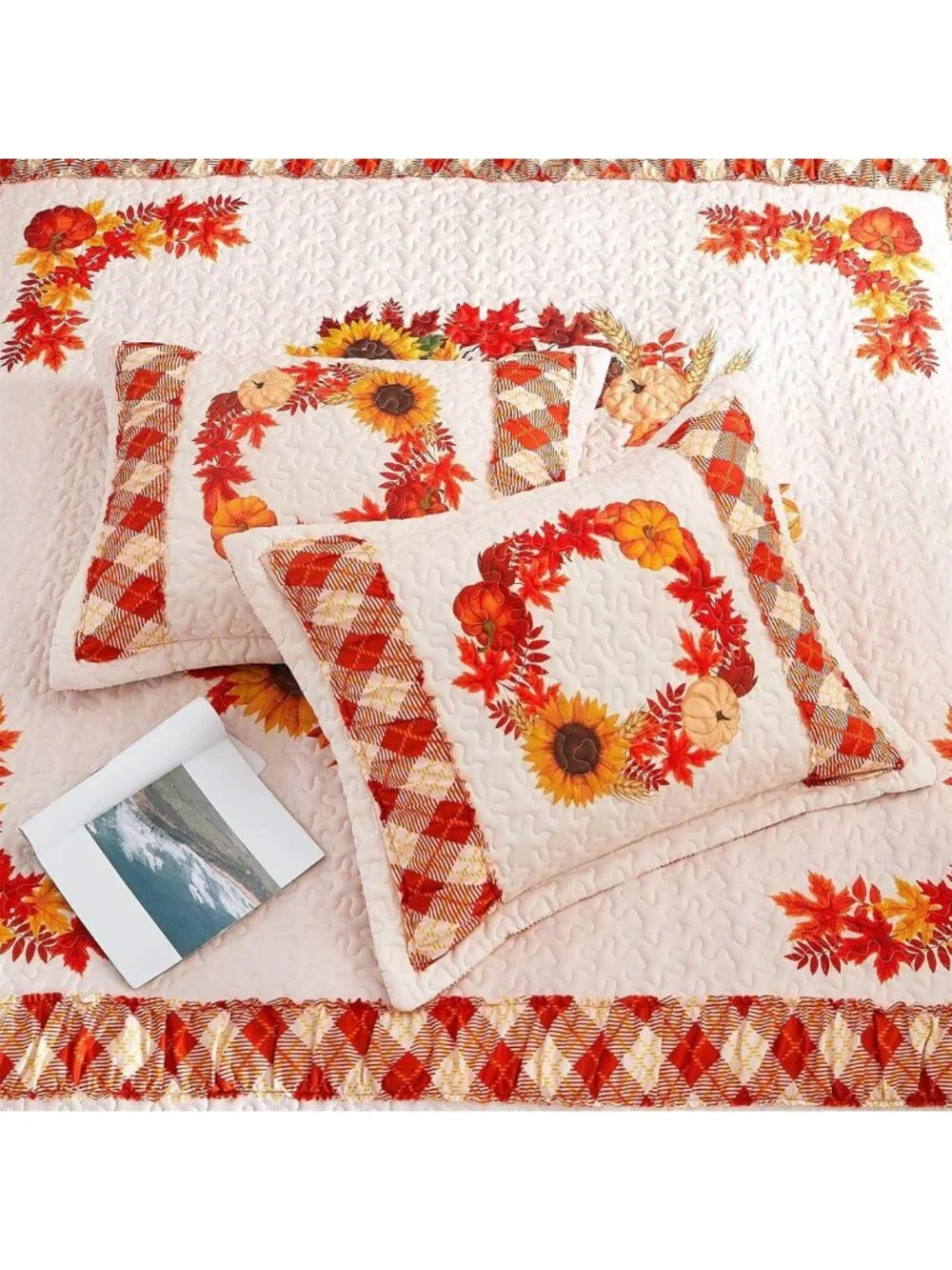 King Size Reversible Quilt Set - Fall Pumpkin & Plaid Bedding, 3PC Home Decor